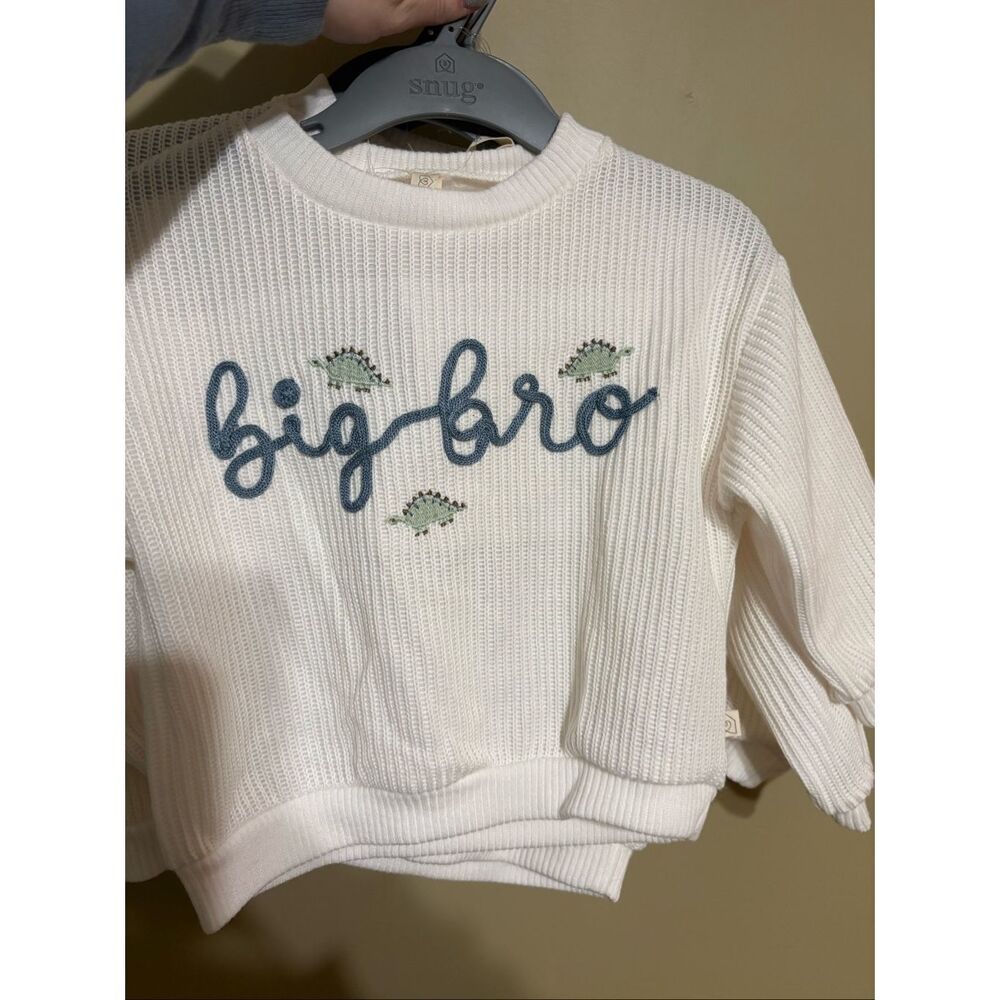 Snug Toddler Boy Knit Embroidered White Sweater Dinosaur Big Bro 2T NWT - Picture 2 of 2